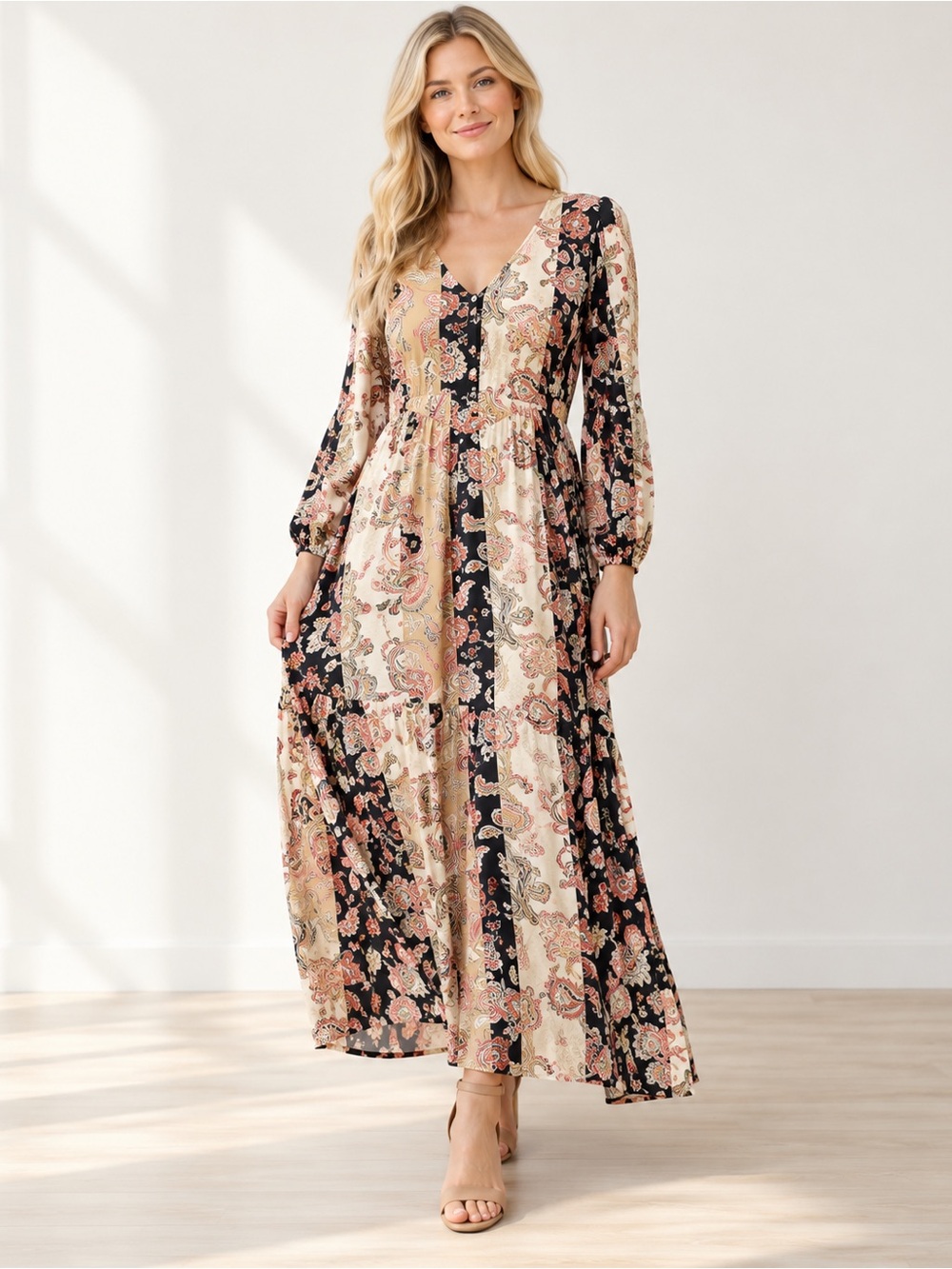 Saint + Sofia Pilton Maxi Dress Size 14 Paisley Viscose Boho Long Sleeve London